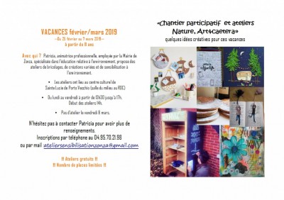 Ateliers nature et activités manuelles pour jeunes - Vacances d'hiver 2019 - Sainte Lucie de Porto-Vecchio