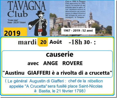 Causerie - Ange ROVERE  - Austinu Giafferi è a rivolta di a crucetta - Tavagna Club - Talasani