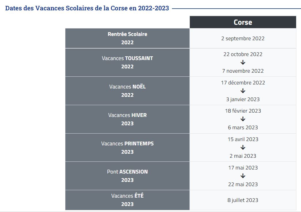 Dates des Vacances Scolaires de la Corse en 2022 2023