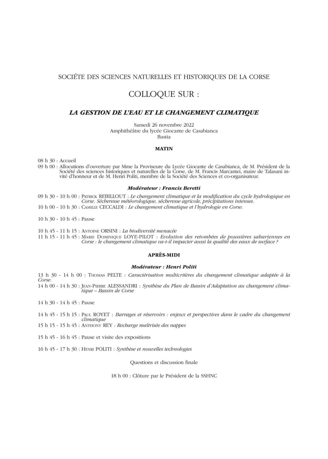 Programme Colloque La gestion de leau et le changement climatique Bastia