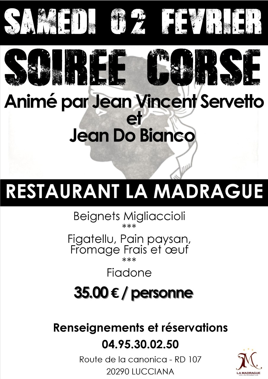 Soirée Corse Jean Vincent Servetto et Jean Do Bianco Hôtel Restaurant Spa La Madrague Lucciana